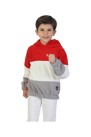 Erdem Kıds Unisex Kız-erkek Çocuk Sweatshirt-kazak Kapüşonlu Beli Lastikli Çok Renkli Kışlık Polar Sweat Kırmızı-ekru-gri Kırmızı-ekru-gri