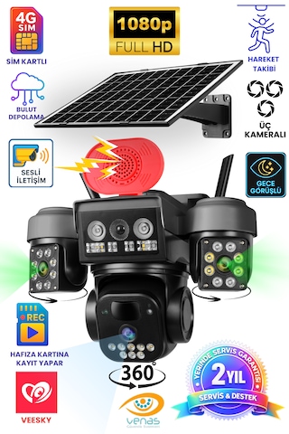 Güneş Enerjili 4g Üç Kameralı Full Hd Güvenlik Kamerası Bulut Depolama+sesli İletişim