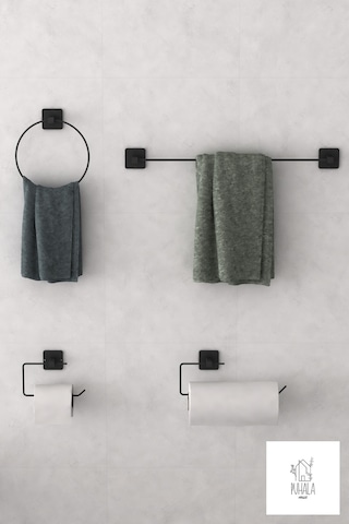 Siyah Yapışkanlı 4 Lü Banyo Seti Uzun Havluluk Yuvarlak Havluluk Kağıt Havluluk Wc Tuvalet Kağıtlığı Siyah
