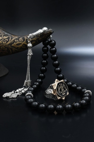 Doğal Oniks Taşlı Tesbih Ve 925 Ayar Gümüş Yüzük Selçuklu Kartalı Mineli 902065 Gümüş