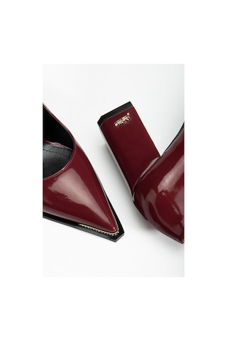 Suins Premium Verty Model Kadın Kalın Topuklu Burnu Taşlı Rugan Stiletto Ayakkabı Bordo