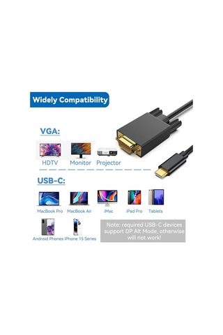 Type-c-vga Erkek Kablosu 1080p Full Hd 10gbps Vga Kablosu, Apple Uyumlu iPhone 15 Pro Uyumlu /max İçin Altın Kaplama Fişi İle Macbook Pro/hava
