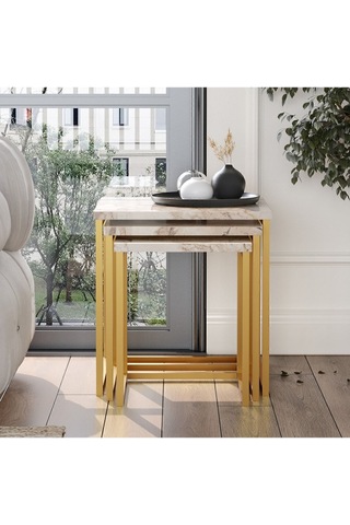 Atlantis 3'lü Gold Metal Zigon Sehpa Mermer Desen Atl7-ge Beyaz