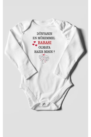 Dünyanın En Mükemmel Babası Olmaya Hazır Mısın Baskılı Bebek Zıbını %100 Pamuk Uzun Kol Beyaz