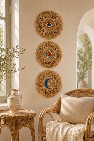 Momiko The Celestial Trilogy , Sun Moon Eye , Gökyüzü 3'lü El Yapımı Hasır Duvar Dekoru 35 Cm -