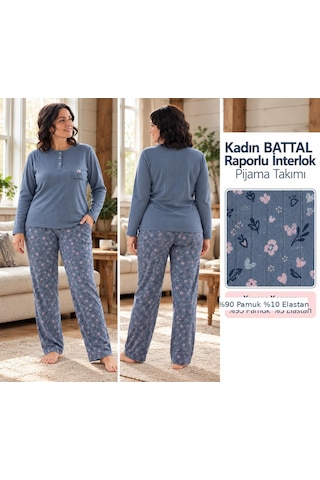 Lana Kadın Battal Pamuk Likralı Raporlu İnterlok Kışlık Pijama Takımı 245/16 - 1 Adet Mavi