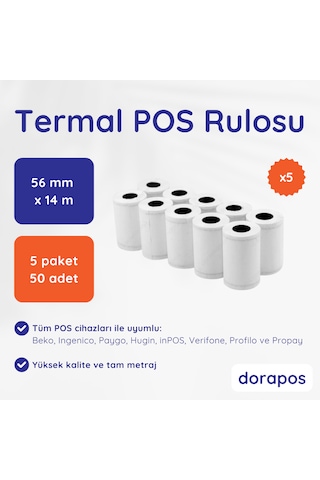 Dorapos 56mm X 14m Termal Rulo 50 Li Paket Yazar Kasa Pos Kağıdı