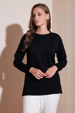 Lela Streç Oversize Fit Bisiklet Yaka Modal Kumaş Bayan Sweat 5865877 Siyah
