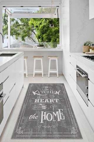 Decomia Home Dijital Baskılı Kaymaz Taban Yıkanabilir Kitchen Home Yazılı Çerçeveli Gri Mutfak Halısı DC-5017 Gri