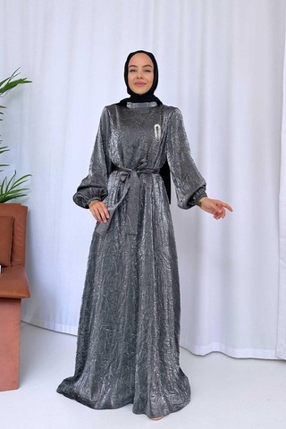 Broş Detay Elbise - Antrasit