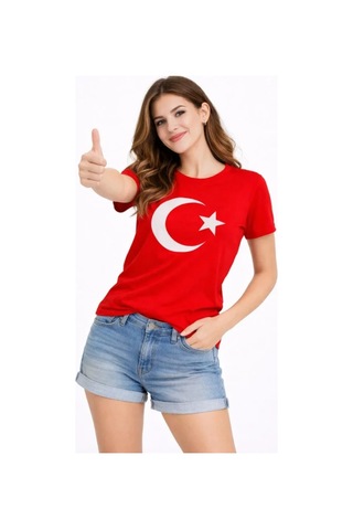Butik İstanbul T-shirt Kısa Kol Bisiklet Yaka Ay Yıldız Bayrak Baskılı Tişört - Kırmızı