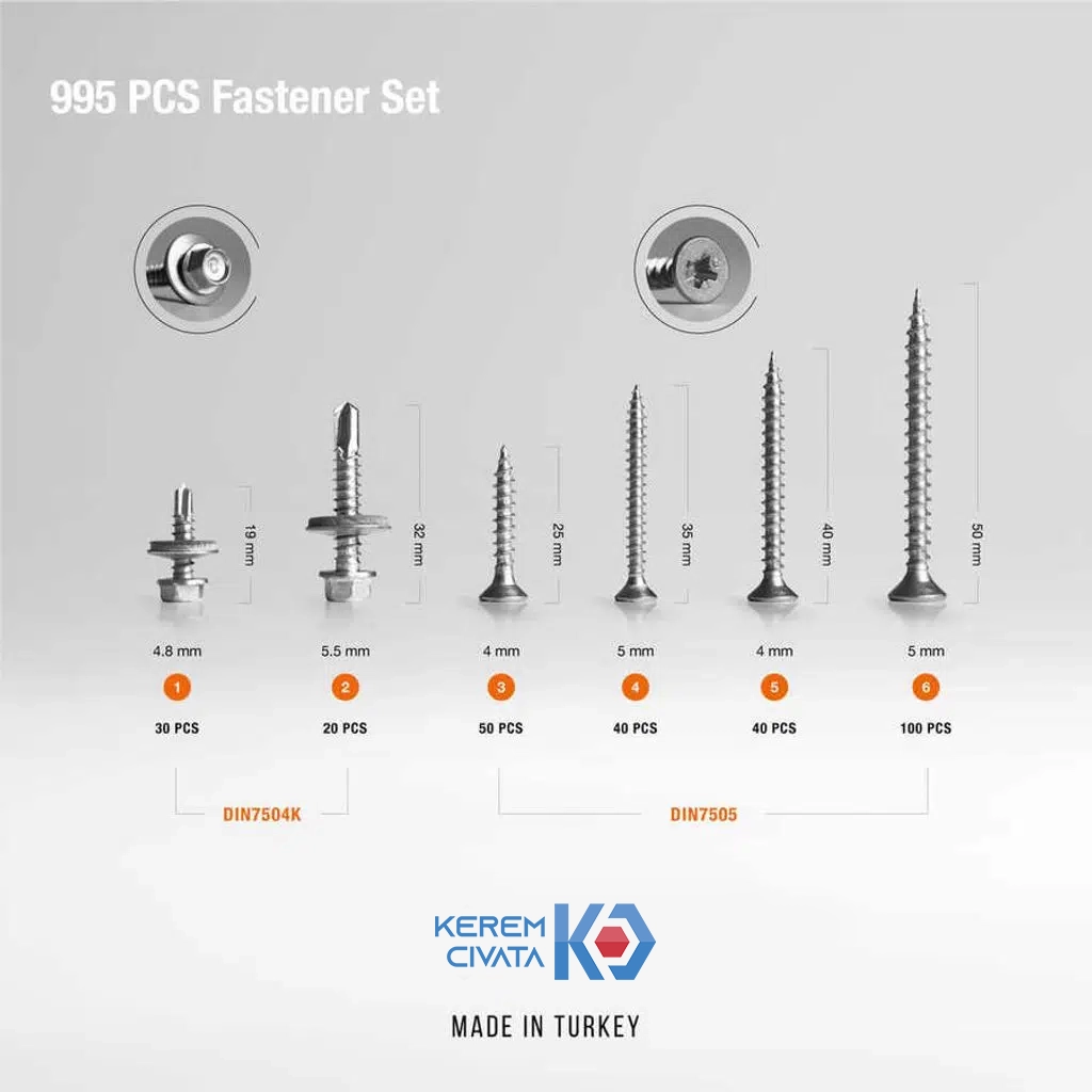 Kerem 995 Parça 24 Çeşit Vida, Dübel, Somun Ve Pul Seti 25CM