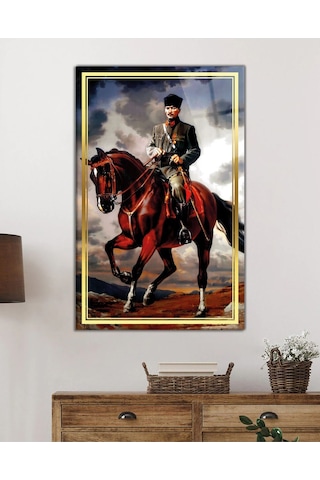 Es10 Es10 SN Gold Şerit At Üzerinde Atatürk Cam Tablo, Uv Baskılı ve Temperli, Hediyelik
