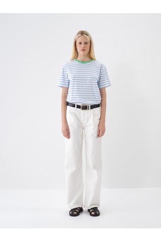 %100 Pamuk Oversize Çizgili Tişört 24yb02602335-06 Mavi