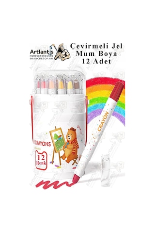 Çevirmeli Jel Mum Boya 12 Renk 1 Adet Plastik Kutulu 12 Li Mum Boya Kalemi Silinebilir Zararsız Yıkanabilir Çok Renkli