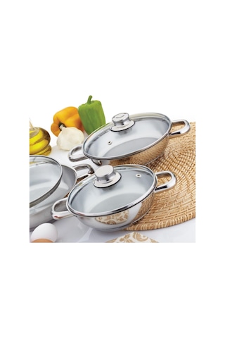 Gülsan Çelik Sahan Set 3 Lü Cam Kapaklı 16 18 20 CM