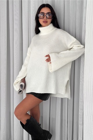 Femelle Kadın Ekru Standart Beden Basic Boğazlı Oversize Triko Kazak