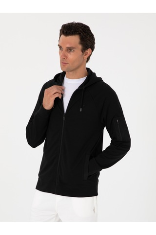 Siyah Regular Fit Tam Fermuarlı Kapüşonlu Sweatshirt