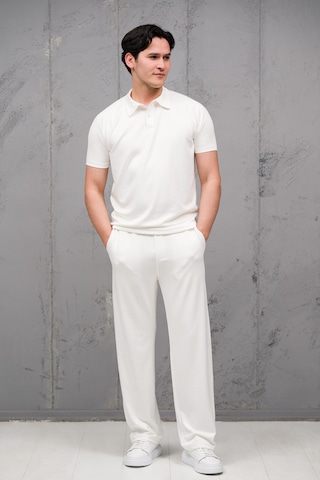Mass Plus Regular Fit Likralı Kendinden Çizgili Yarım Baggy Pantolonlu T-shirt Takım Beyaz