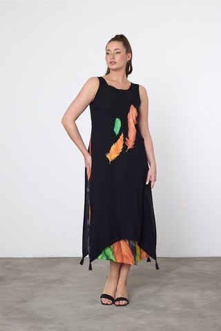 Schık Kadın Yazlık Bol Kolsuz Rahat Baskılı Elbise Turuncu