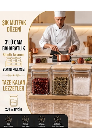 3'lü 200 Ml Bambu Kapaklı Borosilikat Cam Baharatlık Bambu Altlıklı
