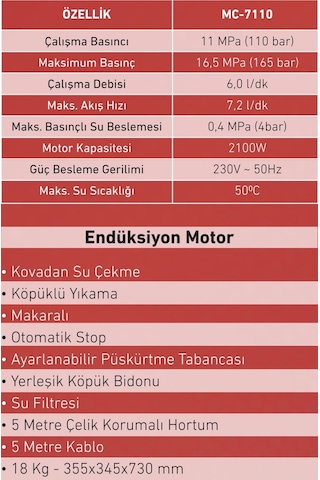 Mercure Mc-7110 Yüksek Basınçlı Oto Yıkama Makinesi Pro 2100 W. 165 Bar Endüksiyon Motorlu