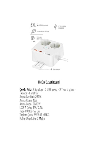 2'li Priz Yüksek Akım Korumalı 3680 Watt / 2xusb Girişi / 2xtype- Diğer
