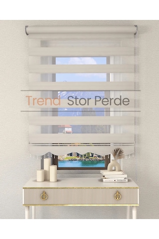 Geniş Plise Beyaz Boncuklu Zebra Stor Güneşlik Perde Opak Ekru