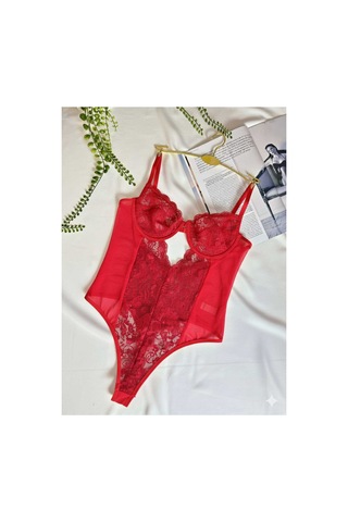 La Linaa Elanor Kırmızı Çıtçıtlı Dantelli Transparan Balenli Bodysuit Koyu Kımızı - 699340148 Koyu Kımızı