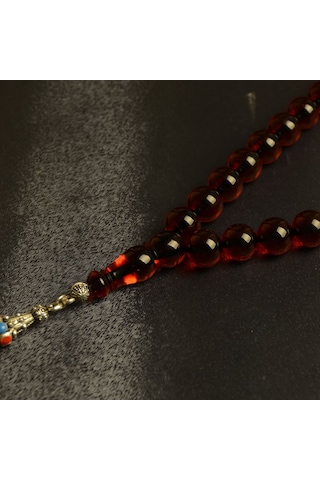 Burhan Sağlam Küre Kesim 11 x 11 MM Ateş Kehribar Alpaka Püsküllü Tesbih Kırmızı 13792562