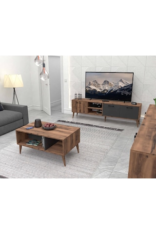 Set 1581-2070-1620 Exxen Ahşap Ayaklı Tv Ünitesi - Orta Sehpa - Konsol Seti Hat - Antrasit