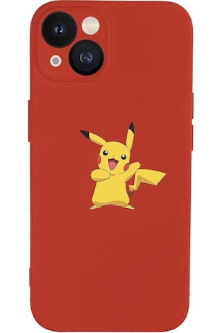 Iphone 13 Uyumlu Pikaçu Desenli Kamera Lens Korumalı Darbe Emici Silikonlu Lansman Kılıf Kirmizi