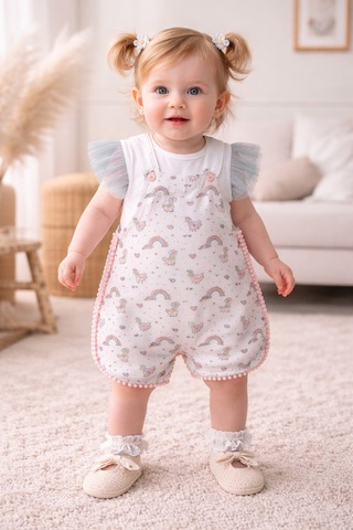 Uğur Bebe Poplin Yazlık Kız Bebek Tulum + Tül Kollu Çıtçıtlı Bady Rahat Şık Premium Kalite 2li Set Ekru Ekru
