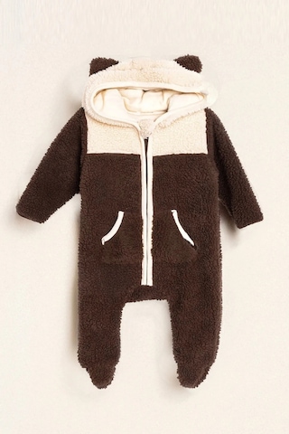 Luess Peluş Kulak Detaylı Unisex Bebek Tulum - Kahverengi