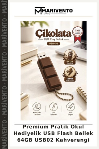 Premium Pratik Okul Hediyelik Usb Flash Bellek 64gb Usb02 Kahverengi