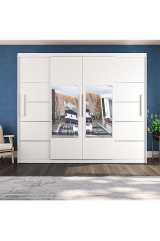 Sürgülü Gardırop Dört Kapaklı Aynalı Beyaz Dolap 280 230cm