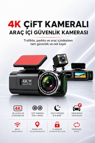 4k Ultra Hd Araç Kamerası Çift Lens Ön Arka Wi-fi Gps Park Modu Gece Görüşlü G-sensörlü Araç İçi Güvenlik Kamerası
