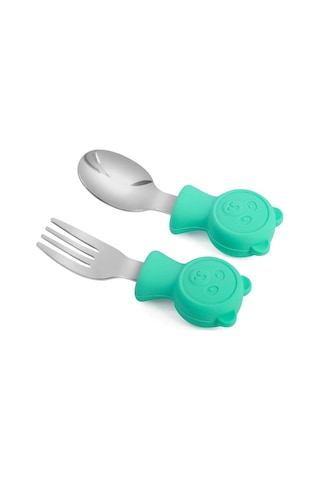 Valkyrie 304 Çelik Panda Bebek Kaşık Çatal Setisilikon Saplı Bpa İçermez Ergonomik Kaymaz Yeşil