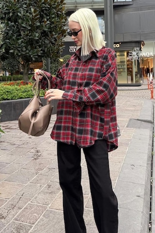 Seeh Kırmızı Oversize Ekose Desenli Kadın Gömlek Sh334 Ekoseli