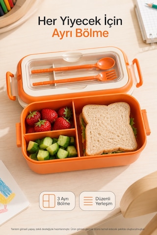 Turuncu 3 Bölmeli Çocuk Beslenme Kutusu Kaşık Çatal Dahil Kilitli Kapaklı Taşıma Saplı Lunch Box Diğer