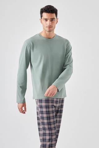 Erkek Pamuklu Uzun Kollu Yamalı Ekose Desenli Pijama Takımı Ko60104 Yeşil