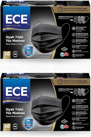 Ece Full Ultrasonik Meltblownlu Maske 50 x 2 100 Adet Siyah