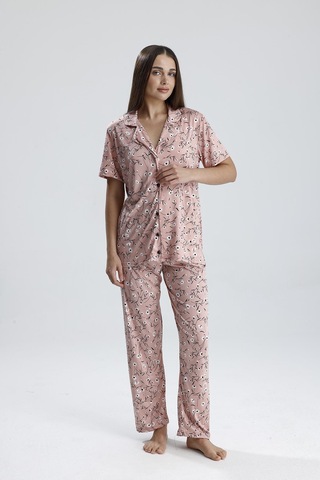 Kompedan Kadın Çiçek Desen Önden Düğmeli Pijama Takım Pembe Pmb Çiçekli