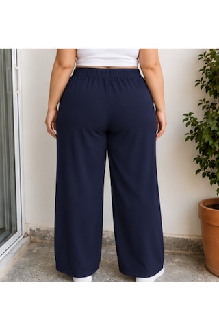 Cocosushicooo Büyük Beden Kadın Lacivert Bol Paça Pantolon Rahat Kesim Lastikli Bel Cepli