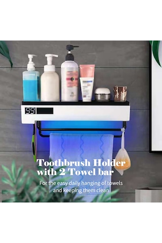 Akıllı Uv Diş Fırçası Rafı, 2 Havlu Barı, Diş Fırçası Sanitizatörü, Duvara Monte Banyo Diş Fırçası Tutucu, Usb Şarjlı Elektrikli Diş Fırçası Organizeri Siyah