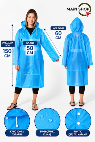 Mainshop Unisex Yağmurluk Kapüşonlu Çıtçıtlı Su Geçirmez Uzun Yağmurluk Kadın Erkek Mavi