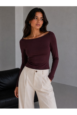 Sortie Collection Geniş Kayık Yaka Uzun Kollu Slim Fit Bluz Mürdüm
