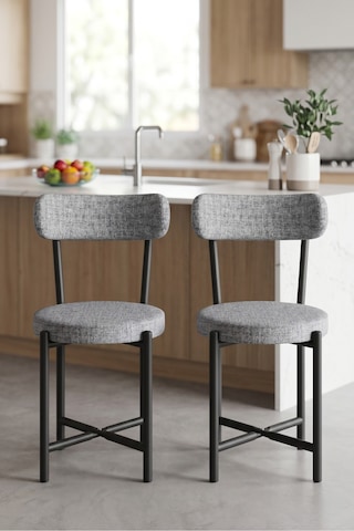 Sandalye 2 Adet Keten Kumaş Metal Ayak Modern Mutfak Sandalyesi Cafe Balkon Ofis Teddy Gri
