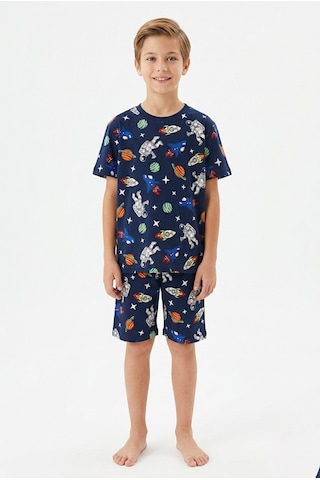 Alkın Kids 3-13 Yaş Erkek Çocuk Gezegen Desenli %100 Pamuklu Kısa Kollu Şortlu Pijama Takımı Lacivert