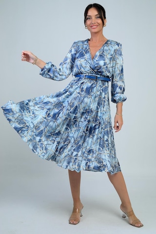 By Saygı Kadın Kruvaze Yaka Beli Kemerli Astarlı Zincir Desen Piliseli Midi Saten Elbise-41706 Indigo